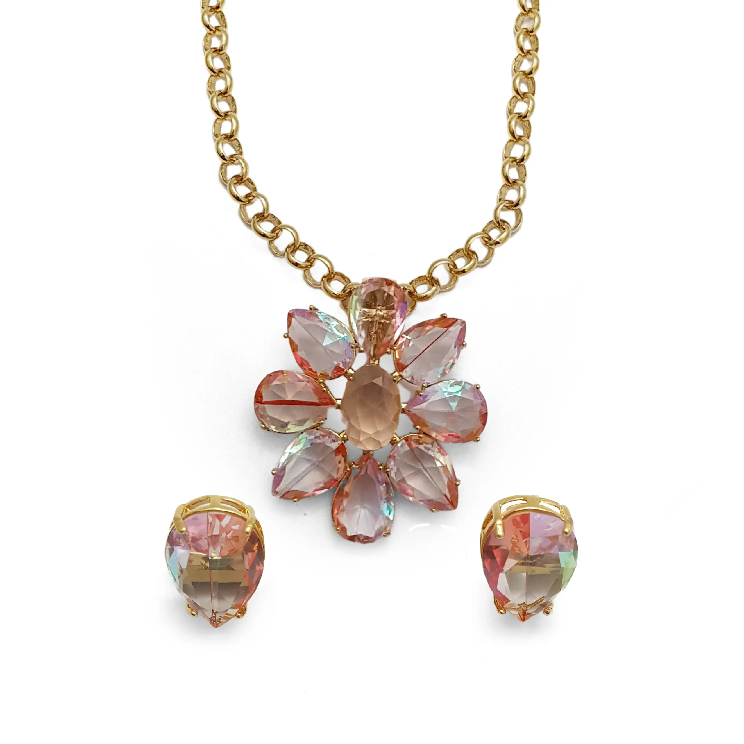 Conjunto feminino com banho em ouro 18k, corrente elo português, pingente e brincos da Alika Semijoias